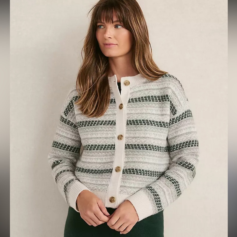 Haven Well Within Wool Blend Fair Isle Button Cardigan Green Stripes Size XS